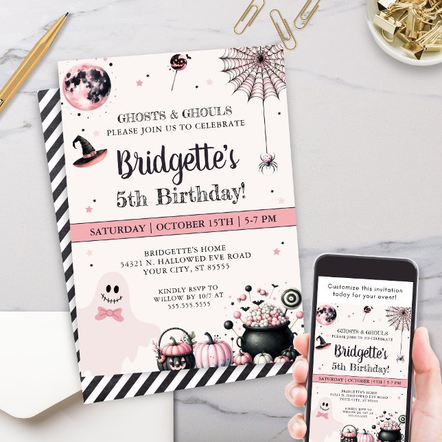 Rosa Ghost Little Boo Halloween Födelsedagsfest Inbjudningar (Modern pink halloween theme birthday party invitation for girly halloween party invites with ghost)