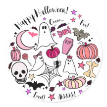 Rosa Ghost och Pumpkin Halloween Round Sticker