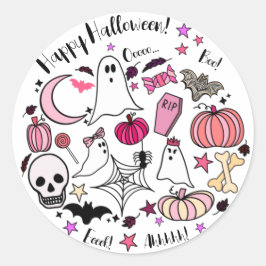 Rosa Ghost och Pumpkin Halloween Round Sticker Runt Klistermärke