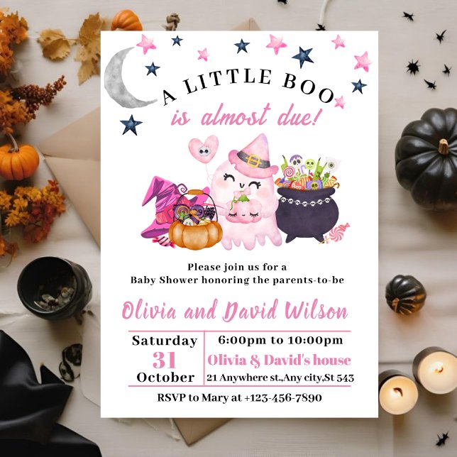 Rosa Ghost,Witch Hat,Candy: Halloween Baby Shower Inbjudningar (Skapare uppladdad)