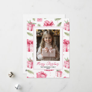 Rosa Gifts & Bows Anpassningsbar Julfoto & Namn Julkort
