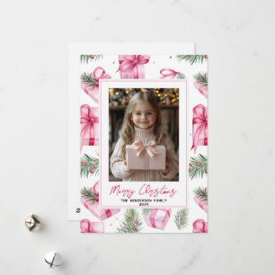 Rosa Gifts & Bows Anpassningsbar Julfoto & Namn Julkort