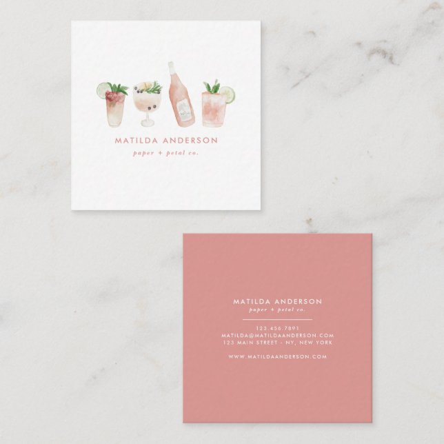 Rosa, gigantisk, modern drinkcocktail vin fyrkantigt visitkort (Fram/baksida)