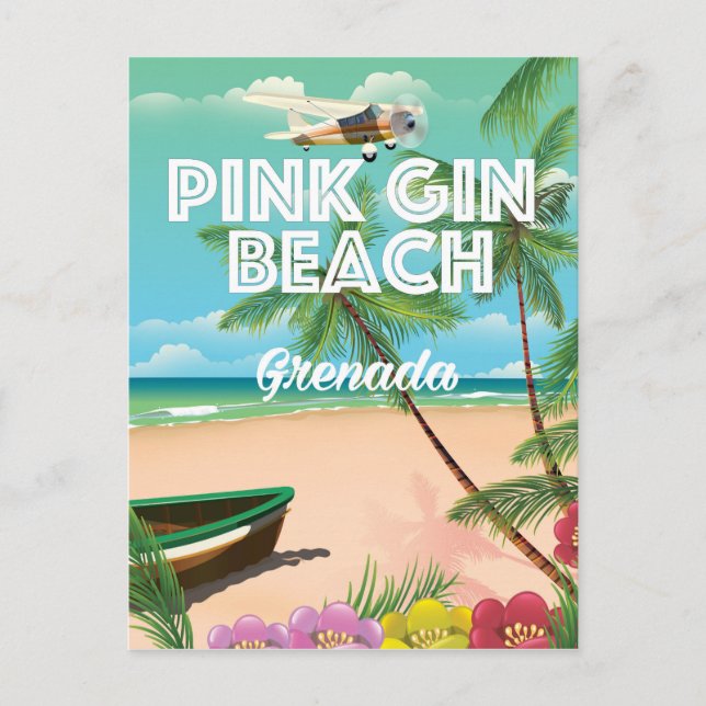 rosa gin-stranden Grenada-reseaffisch Vykort (Framsida)