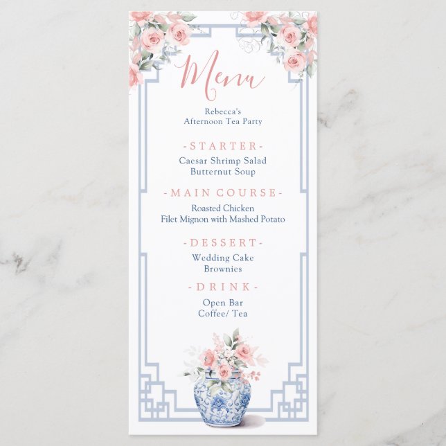  Rosa Ginger Burk Chinoiserie Baby Shower Meny (Framsida)