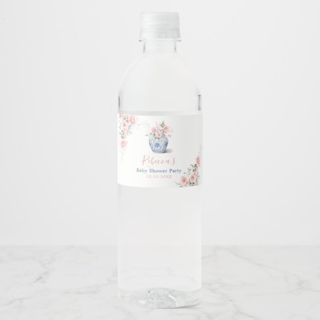  Rosa Ginger Burk Chinoiserie Shower Papper Vattenflaskor Etikett (Framsida)