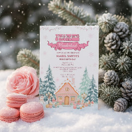Rosa GingerBread Winter Onederland 1:a födelsedag Inbjudningar