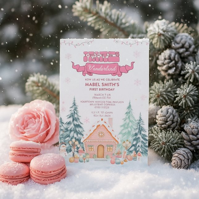 Rosa GingerBread Winter Onederland 1:a födelsedag Inbjudningar (Skapare uppladdad)
