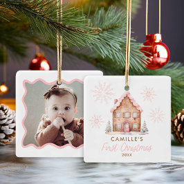 Rosa Gingerbröd House 1:a julfoto Ceramic Julgransprydnad Keramik