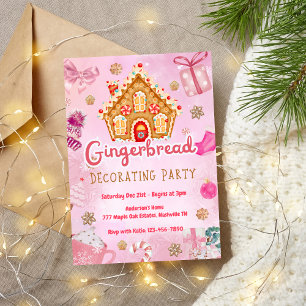 Rosa Gingerbröd House Decorating Party-inbjudan Inbjudningar