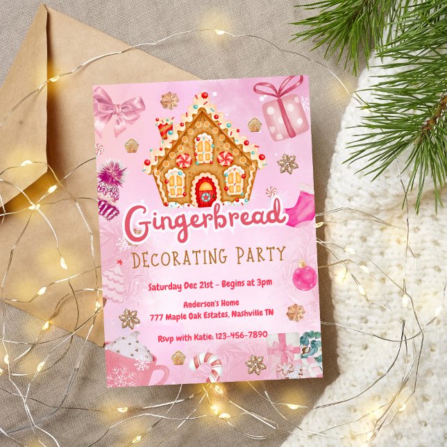 Rosa Gingerbröd House Decorating Party-inbjudan Inbjudningar (Skapare uppladdad)