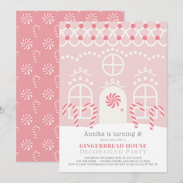 Rosa Gingerbröd House Decoration Födelsedagsfest Inbjudningar (Fram/baksida)