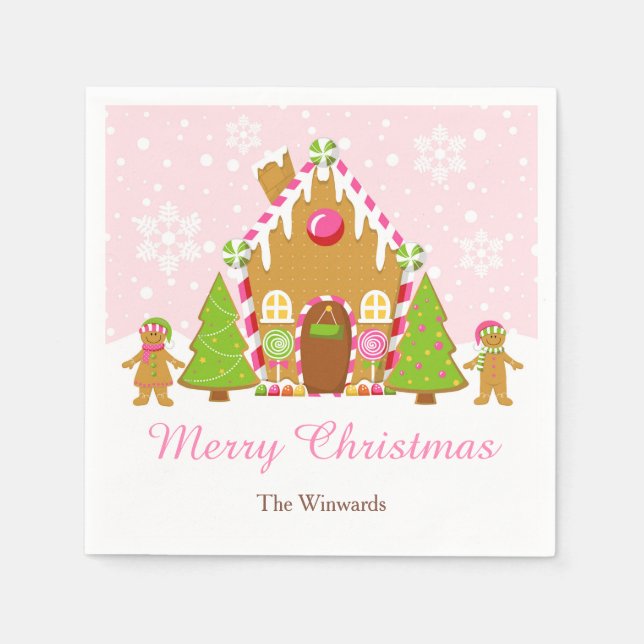 Rosa Gingerbröd House Decororto jul Party Pappersservett (Framsidan)