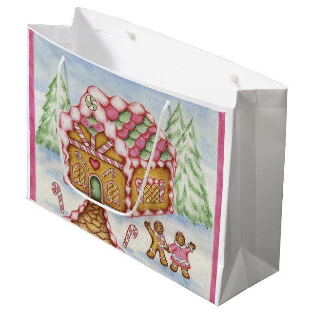 Rosa Gingerbröd House Gift Bag (Framsidan Vinklad)