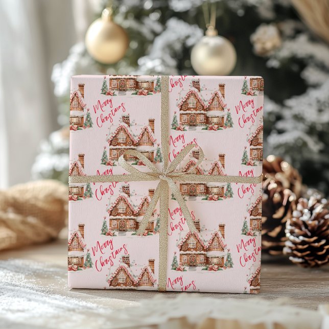 Rosa Gingerbröd House God jul Presentpapper (Skapare uppladdad)