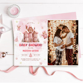 Rosa Gingerbröd House jul Baby Shower Photo Inbjudningar