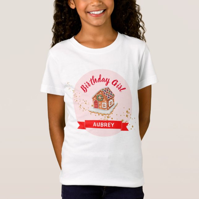 Rosa Gingerbröd House jul Birthday Girl T Shirt (Framsida)