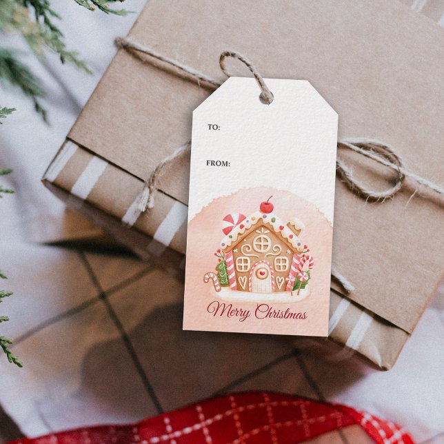 Rosa Gingerbröd House Julfest Presentetikett (Pink Gingerbread House Holiday Party Gift Tags)