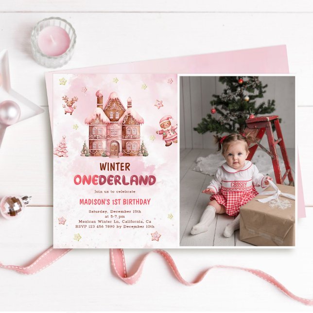 Rosa Gingerbröd Hus Jul Första födelsedag Inbjudningar (Skapare uppladdad)