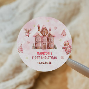 Rosa Gingerbröd Hus Jul Första födelsedag Runt Klistermärke