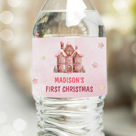 Rosa Gingerbröd Hus Jul Första födelsedag Vattenflaskor Etikett