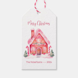 Rosa Gingerbröd Hus jul Presentetikett