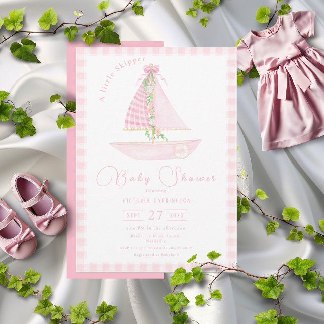 Rosa Gingham A Little Skipper Modern Baby Shower Inbjudningar (Skapare uppladdad)