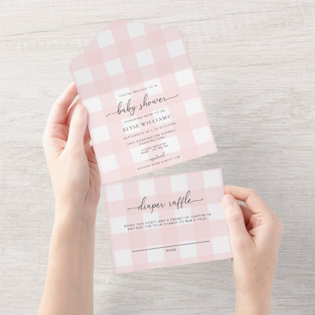Rosa Gingham alla i en babyskabinbjudan (Avrivbar del)