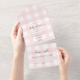 Rosa Gingham alla i en babyskabinbjudan