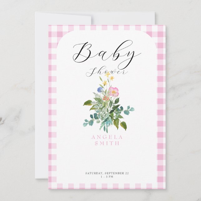 Rosa Gingham Arch WildblomBaby Shower Inbjudningar (Framsida)