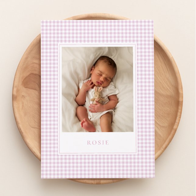 Rosa Gingham Baby annons Card Meddelande (Skapare uppladdad)