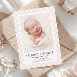 Rosa Gingham Baby Birth Announcement Photo Card Meddelande