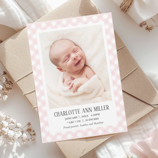 Rosa Gingham Baby Birth Announcement Photo Card Meddelande (Skapare uppladdad)