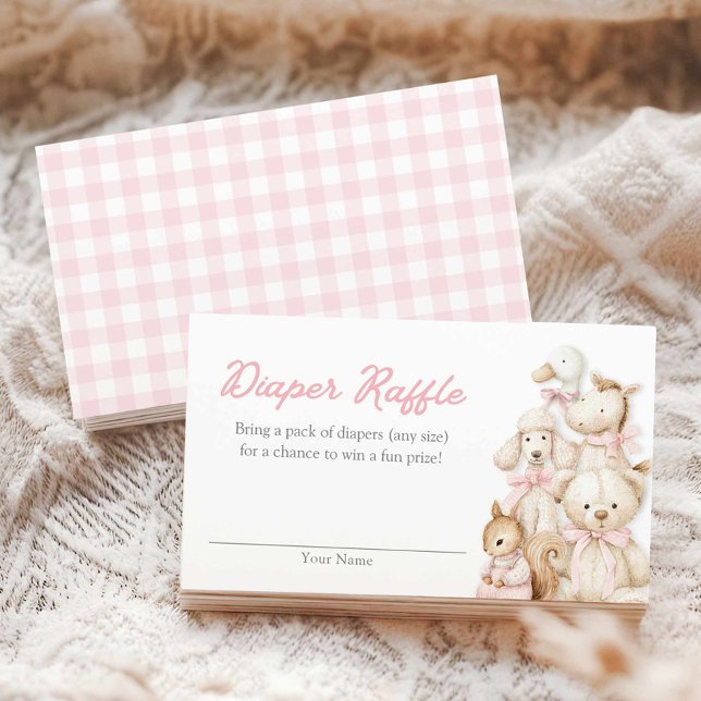 Rosa Gingham Baby Djur Blöja Lotteri Kort (Pink Gingham Baby Animals Diaper Raffle Ticket Card)