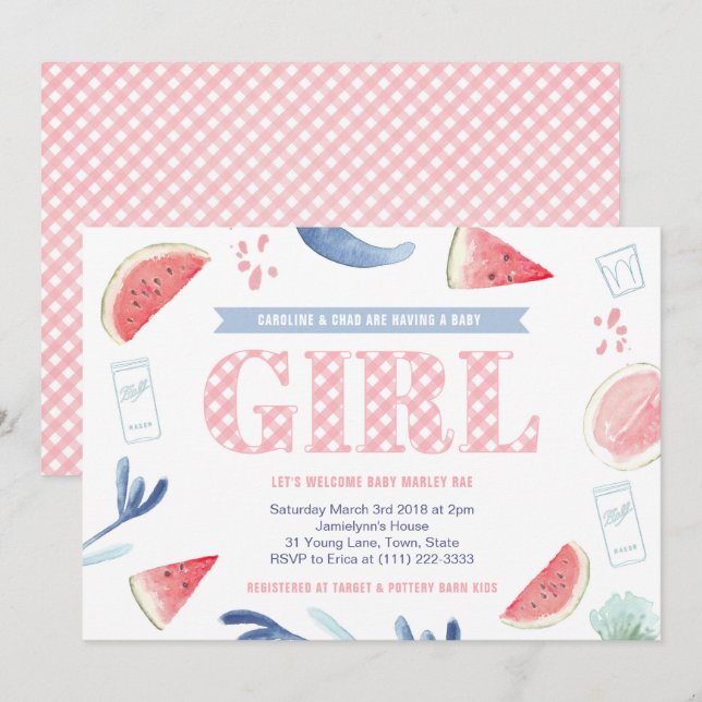 Rosa Gingham Baby-q Par Baby Shower for Girl Inbjudningar (Fram/baksida)