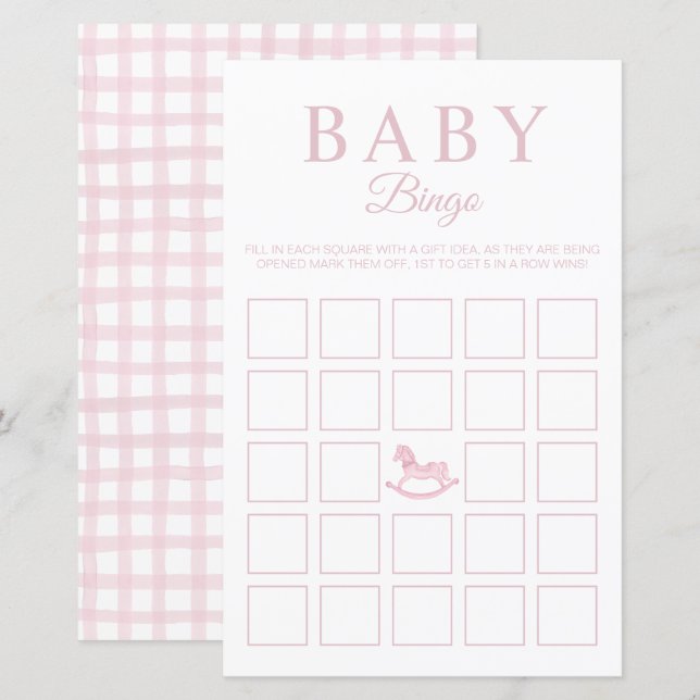 Rosa Gingham Baby Shower Bingo Game Card (Fram/baksida)