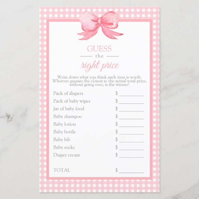 Rosa Gingham Baby Shower Gissa priset spel (Framsida)
