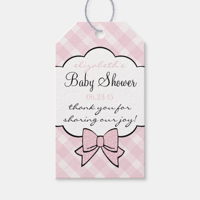 Rosa Gingham Baby Shower Guest Favest Favor Tack Presentetikett (Framsidan)