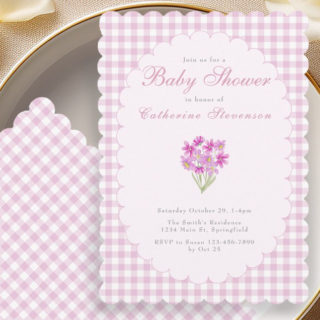 Rosa Gingham Baby Shower Inbjudan Med Blommor (Skapare uppladdad)