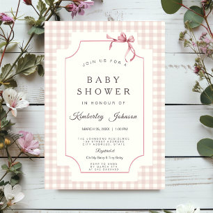 Rosa Gingham Baby Shower-inbjudan med Bow Inbjudningar