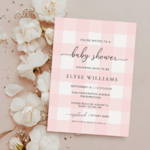 Rosa Gingham Baby Shower Inbjudningar