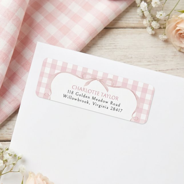 Rosa Gingham Baby Shower Returadress Etikett (Skapare uppladdad)