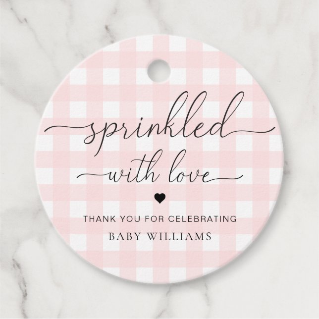 Rosa Gingham Baby Shower sprinkled with Kärlek Gåvor Etiketter (Framsida)