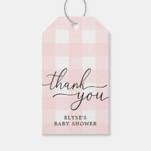 Rosa Gingham Baby Shower-Tack favorittagg Presentetikett