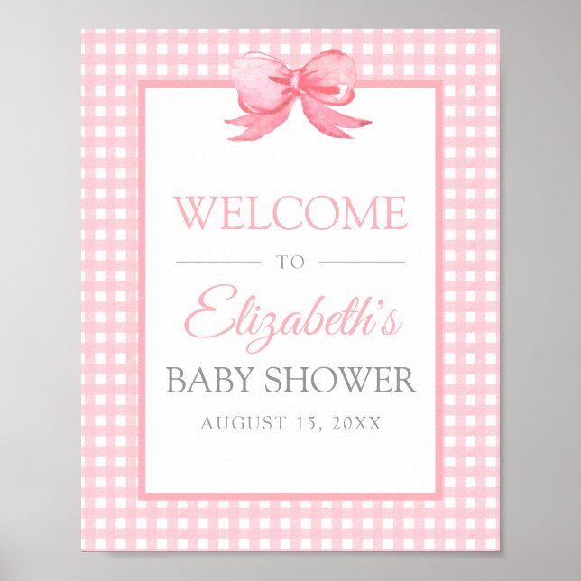 Rosa Gingham Baby Shower Välkommen Poster (Framsidan)