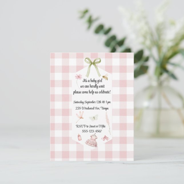 Rosa Gingham Babyflicka Babyshower Inbjudningar (Stående Fram)