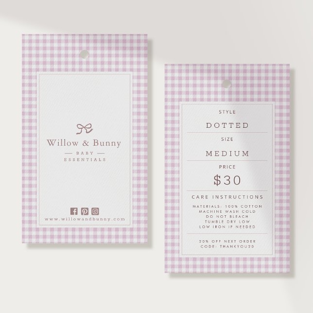 Rosa Gingham Babykläder Prislapp Hängtillägg Visitkort (Skapare uppladdad)