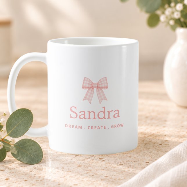 Rosa Gingham-båge Namn Positivt Citat Kaffemugg (Skapare uppladdad)