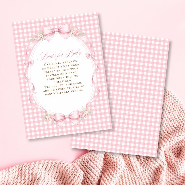 Rosa Gingham-band Florala Böcker För Bebisar Tilläggskort (Pink Gingham Bow Floral Books For Baby Enclosure Card)