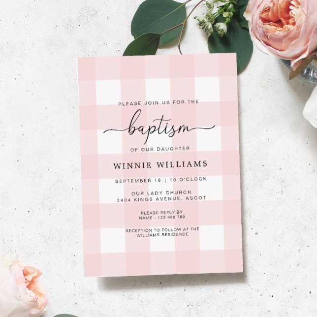Rosa Gingham Baptism-inbjudan Inbjudningar (Skapare uppladdad)